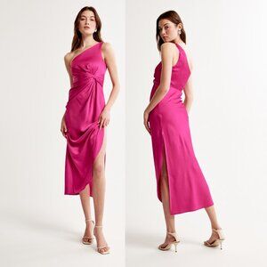 Abercrombie One-Shoulder Satin Knotted Midi Dress - Pink XS